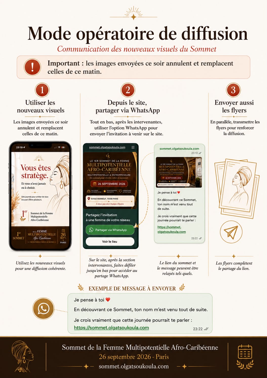 Mode opératoire de diffusion : utiliser les nouveaux visuels, partager le site via WhatsApp, envoyer aussi les flyers.
